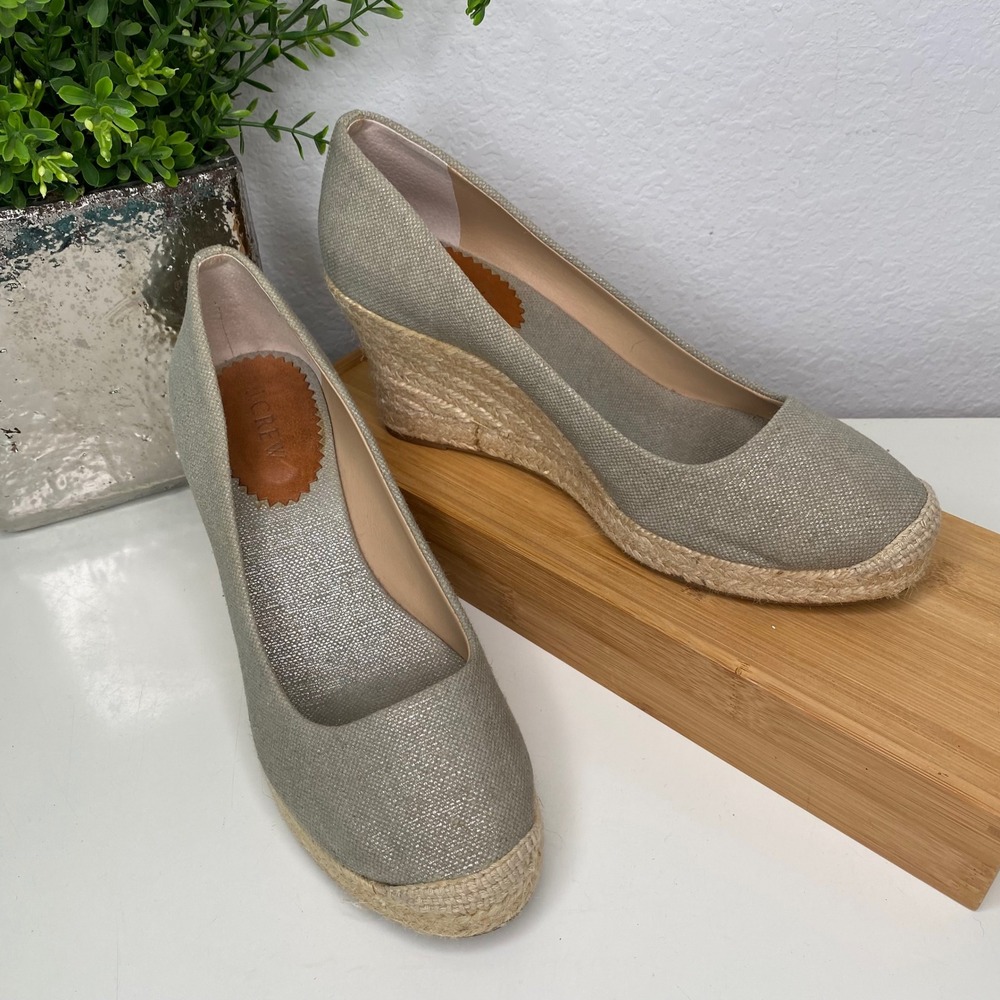 J.Crew Espadrille Wedge Pumps Womens Sage Green Metallic Jute Coastal Size 9.5